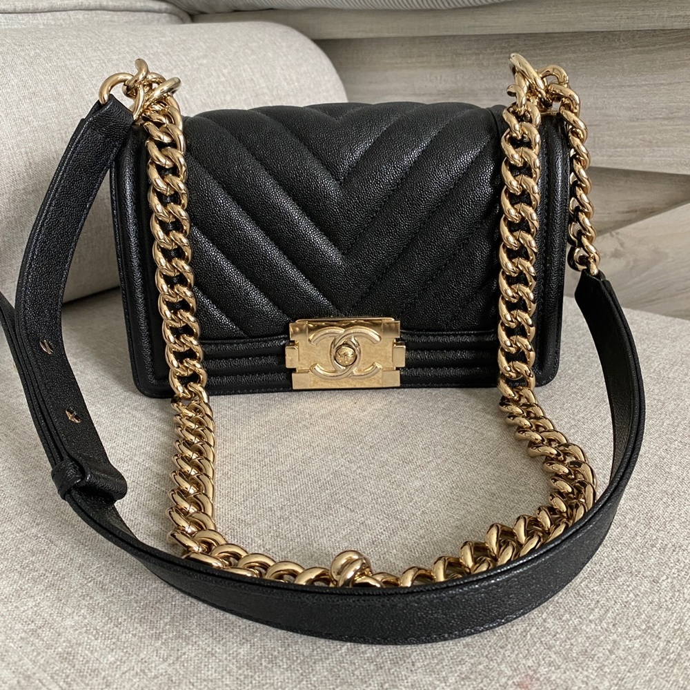 chanel chevron small le boy bag in caviar leather with gold hardware